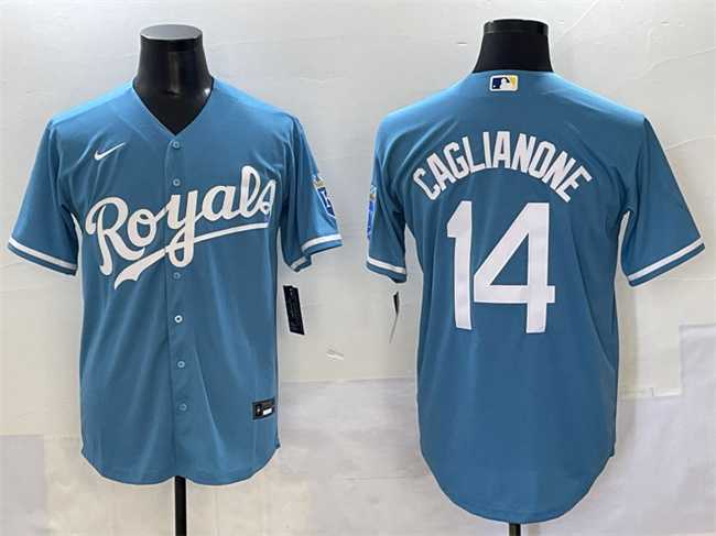 Mens Kansas City Royals #14 Jac Caglianone Light Blue Cool Base Stitched Baseball Jersey