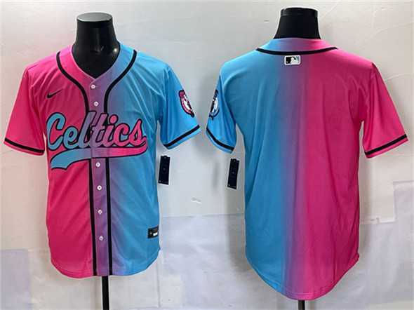 Mens Boston Celtics Blank Pink Blue Limited Stitched Baseball Jersey