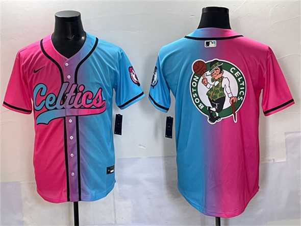 Mens Boston Celtics Team Big Logo Pink Blue Limited Stitched Baseball Jersey