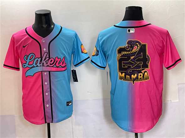 Mens Los Angeles Lakers Team Big Logo Pink Blue Limited Stitched Baseball Jersey
