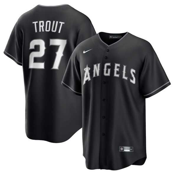 Mens Los Angeles Angels #27 Mike Trout Black Lights Out Limited Stitched Baseball Jersey Dzhi