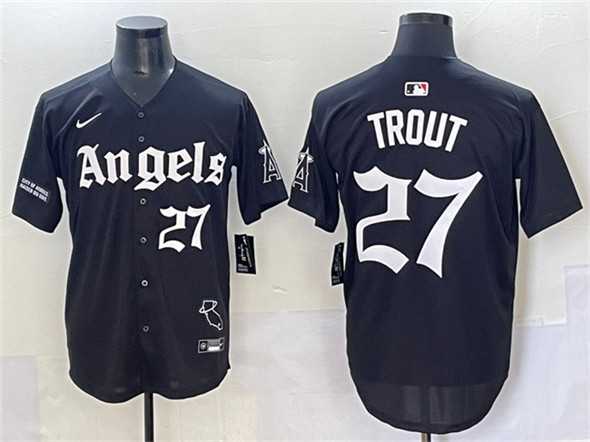 Mens Los Angeles Angels #27 Mike Trout Black Gothic Halo Edition Vapor Limited Stitched Jersey