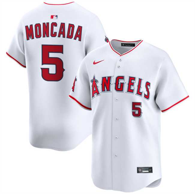 Mens Los Angeles Angels #5 Yoan Moncada White Home Limited Stitched Baseball Jersey Dzhi