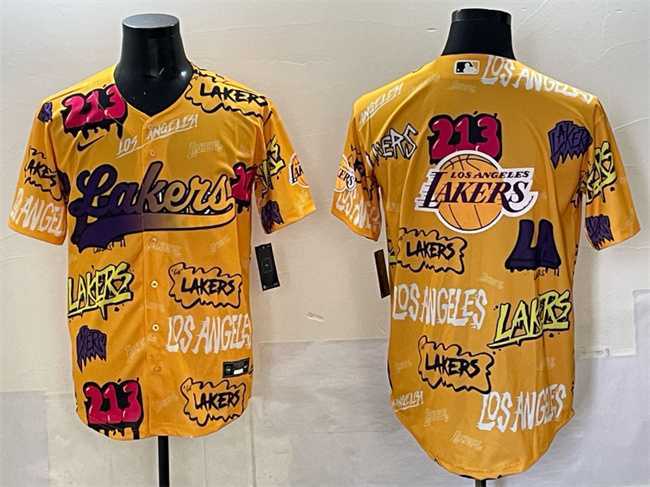 Mens Los Angeles Lakers Team Big Logo Yellow Limited Stitched Baseball Jersey