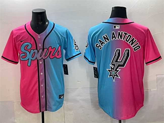 Mens San Antonio Spurs Team Big Logo Pink Blue Limited Stitched Baseball Jersey