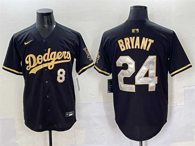 Mens Los Angeles Dodgers Front #8 Back #24 Kobe Bryant Black Gold Limited Stitched Jersey