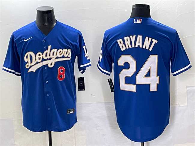 Mens Los Angeles Dodgers Front #8 Back #24 Kobe Bryant Blue Gold Cool Base Stitched Jersey