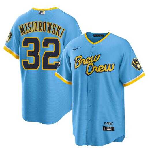 Mens Milwaukee Brewers #32 Jacob Misiorowski Powder Blue City Connect Cool Base Stitched Jersey Dzhi