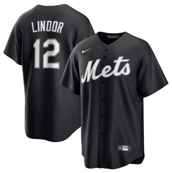 Mens New York Mets #12 Francisco Lindor Black Lights Out Limited Stitched Baseball Jersey Dzhi
