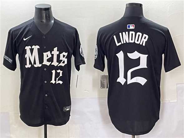 Mens New York Mets #12 Francisco Lindor Black Gotham Gothic Edition Vapor Premier Limited Stitched Baseball Jersey