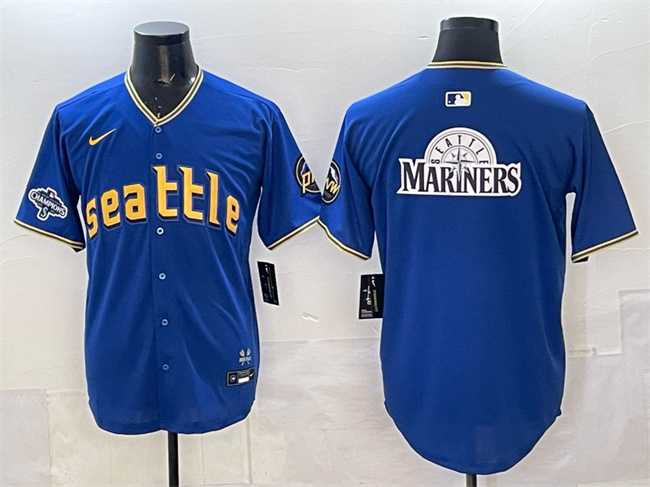 Mens Seattle Mariners Team Big Logo Royal With 2025 AL West Division Champions Patch City Connect Limited Stitched Jersey