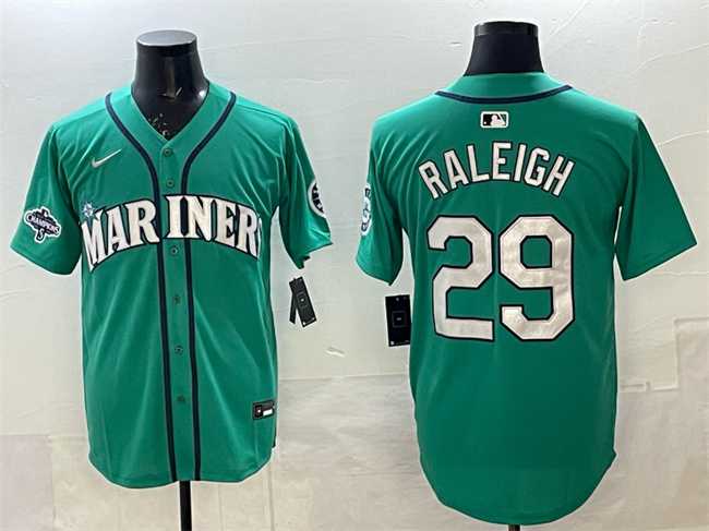 Mens Seattle Mariners #29 Cal Raleigh Aqua With 2025 AL West Division Champions Patch Limited Stitched jersey