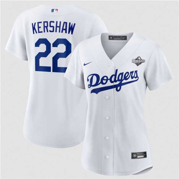 Womens Los Angeles Dodgers #22 Clayton Kershaw White 2025 World Series Home Cool Base Stitched Jersey Dzhi