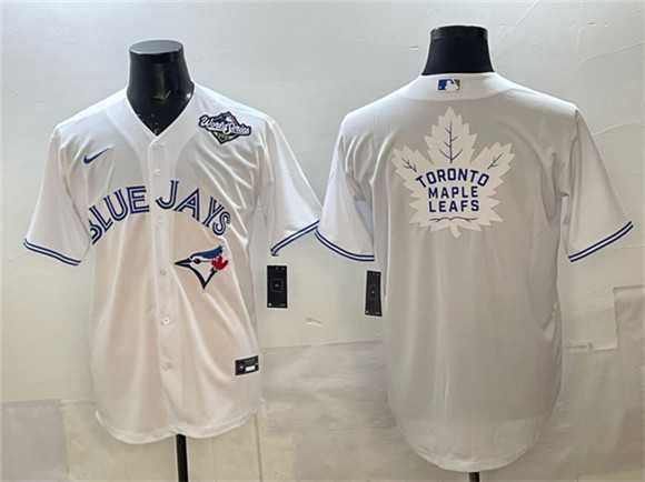 Mens Toronto Blue Jays & Leafs White 2025 World Series With White Leafs Logo Cool Base Stitched Jersey