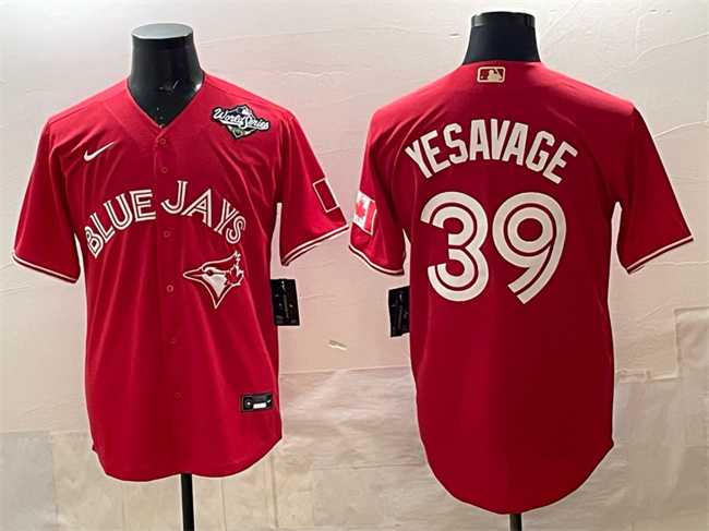 Mens Toronto Blue Jays #39 Trey Yesavage Red 2025 World Series Cool Base Stitched Jersey