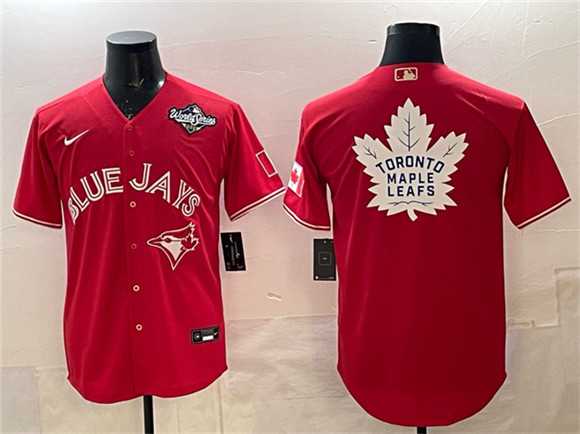 Mens Toronto Blue Jays & Leafs Red 2025 World Series With White Leafs Logo Cool Base Stitched Jersey