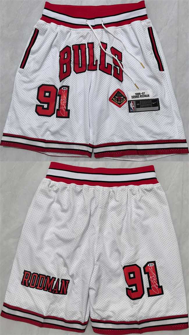 Mens Chicago Bulls #91 Dennis Rodman White 2025 Shorts (Run Small)