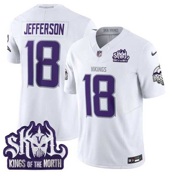 Mens Minnesota Vikings #18 Justin Jefferson White 2025 F.U.S.E. Winter Warrior Skol Patch Vapor Limited Stitched Jersey Dzhi