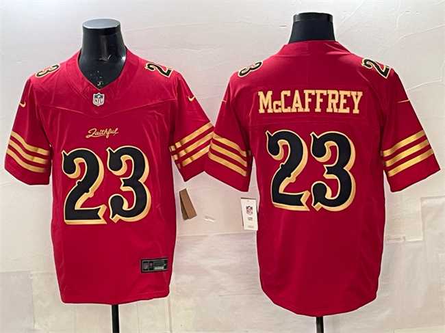 Mens San Francisco 49ers #23 Christian McCaffrey Red Gold 2025 F.U.S.E. Rivalries Vapor Limited Stitched Jersey Dzhi
