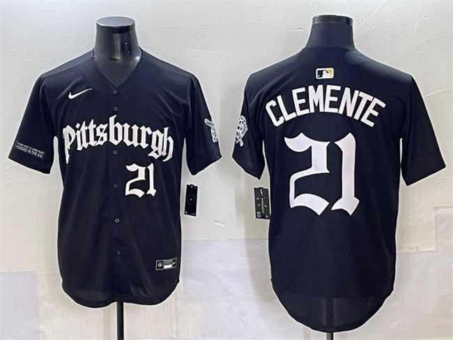 Mens Pittsburgh Pirates #21 Roberto Clemente Black Gothic Steel City Edition Vapor Limited Stitched Baseball Jersey