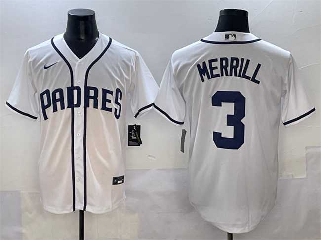 Mens San Diego Padres #3 Jackson Merrill White Cool Base Stitched Baseball Jersey