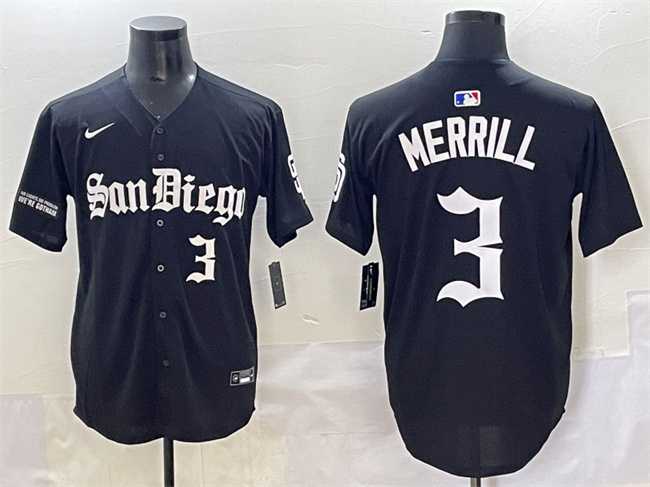 Mens San Diego Padres #3 Jackson Merrill Black Gothic Edition Vapor Limited Stitched Baseball Jersey