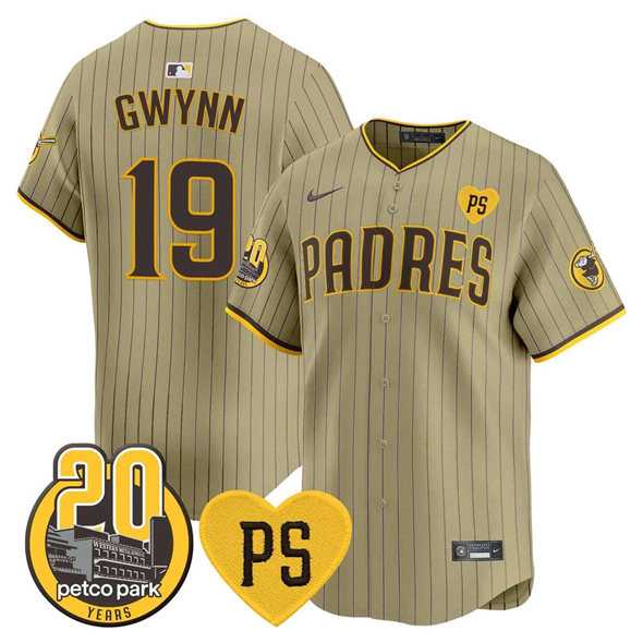 Mens San Diego Padres #19 Tony Gwynn Tan For Peter And Petco Park 20th Patch Limited Stitched Baseball Jersey Dzhi