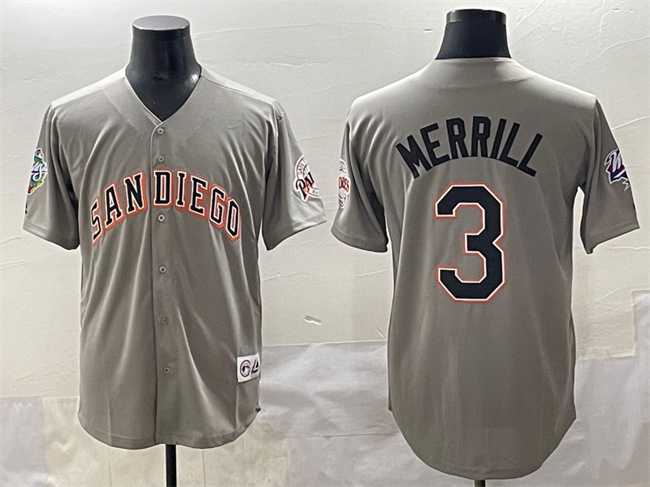 Mens San Diego Padres #3 Jackson Merrill Gray Fashion Throwback With Patch Cool Base Stitched Jersey