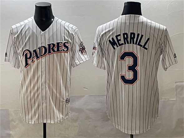 Mens San Diego Padres #3 Jackson Merrill White Throwback With Patch Cool Base Stitched Baseball Jersey