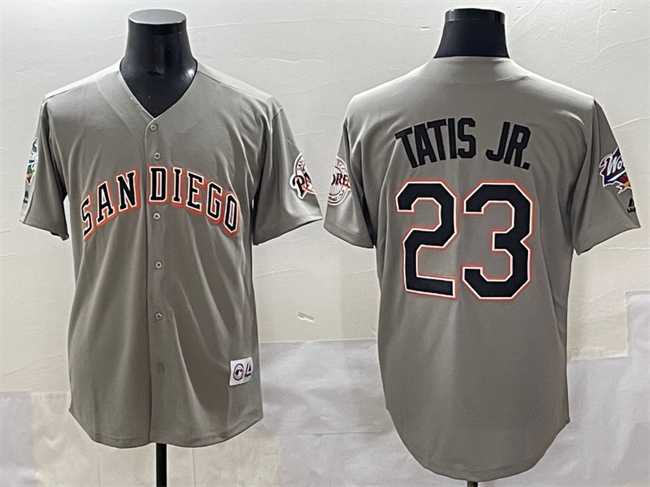 Mens San Diego Padres #23 Fernando Tatis Jr. Gray Fashion Throwback With Patch Cool Base Stitched Jersey