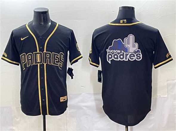 Mens San Diego Padres Team Big Logo Black Gold Stitched Baseball Jersey