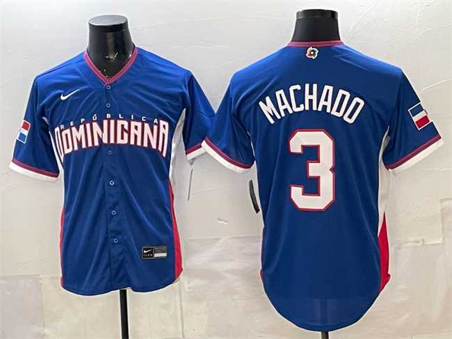 Mens Dominican Republic Baseball #3 Manny Machado Royal 2026 World Baseball Classic Road Stadium Stitched Jersey