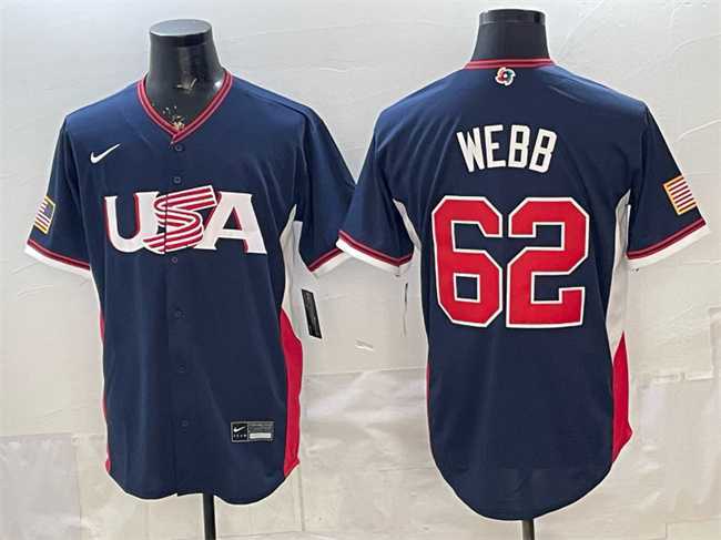 Mens USA Baseball #62 Logan Webb Navy 2026 World Baseball Classic Road Stadium Stitched Jersey