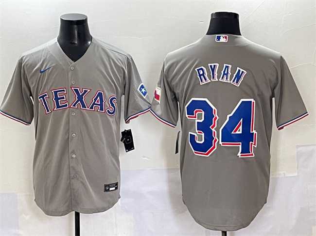 Mens Texas Rangers #34 Nolan Ryan Grey With Patch Cool Base Stitched Baseball Jersey