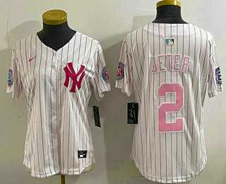 Womens New York Yankees #2 Derek Jeter White Pink Pinstripe Fashion Cool Base Jersey