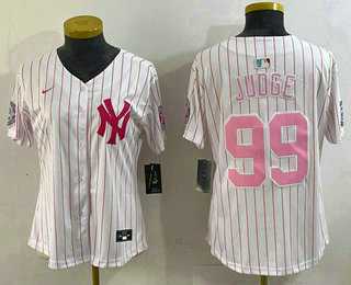 Womens New York Yankees #99 Aaron Judge White Pink Pinstripe Fashion Cool Base Jersey
