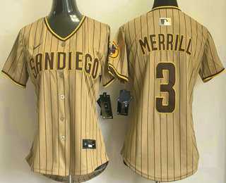 Womens San Diego Padres #3 Jackson Merrill Khaki Pinstripe Limited Stitched Jersey