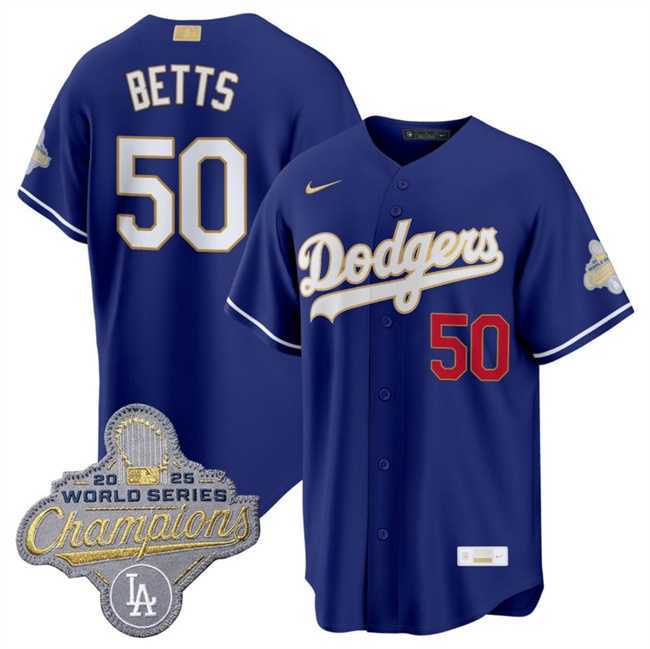 Mens Los Angeles Dodgers #50 Mookie Betts Royal 2026 Alternate Gold Collection Stadium Stitched Jersey Dzhi