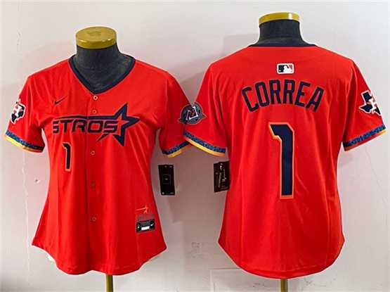 Womens Houston Astros #1 Carlos Correa Orange 2025 City Connect With Texas Patch Limited Stitched Jersey