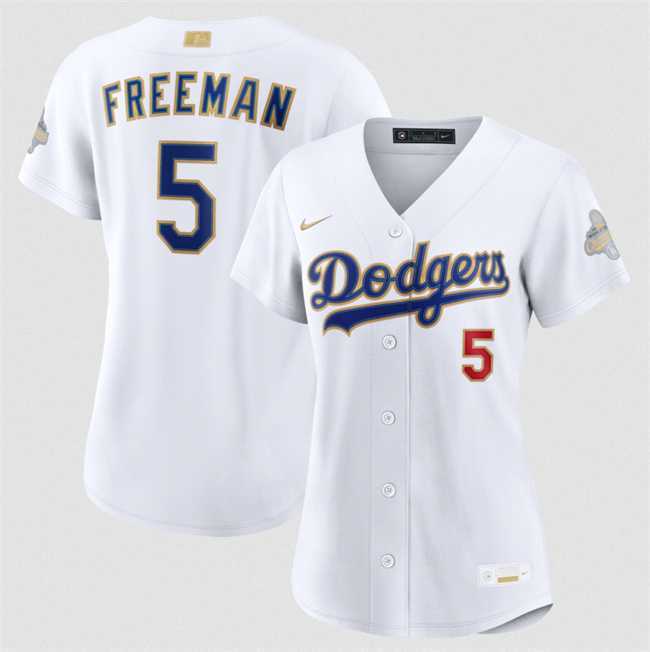 Womens Los Angeles Dodgers #5 Freddie Freeman White 2026 Gold Collection Stadium Stitched Jersey Dzhi
