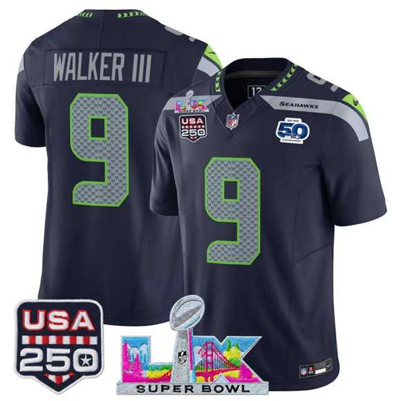 Mens Seattle Seahawks #9 Kenneth Walker III Navy 2025 F.U.S.E. Super Bowl LX Patch And 50th Season & USA 250 Patch Vapor Limited Stitched Jersey