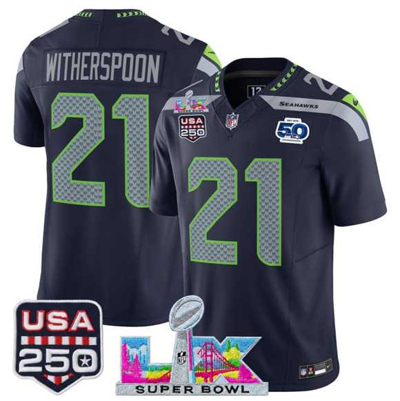 Mens Seattle Seahawks #21 Devon Witherspoon Navy 2025 F.U.S.E. Super Bowl LX Patch And 50th Season & USA 250 Patch Vapor Limited Stitched Jersey
