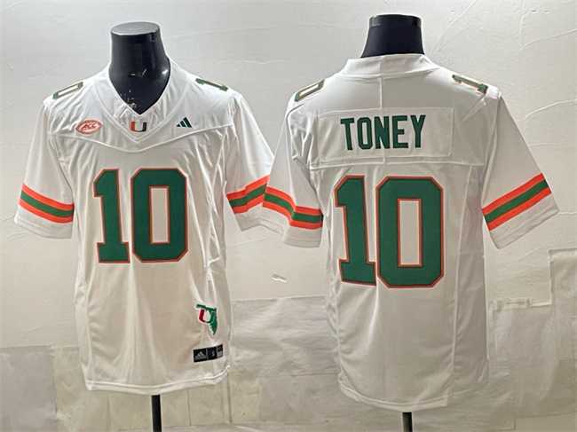Mens Miami Hurricanes #10 Malachi Toney White F.U.S.E. Florida Patch Stitched Football Jersey