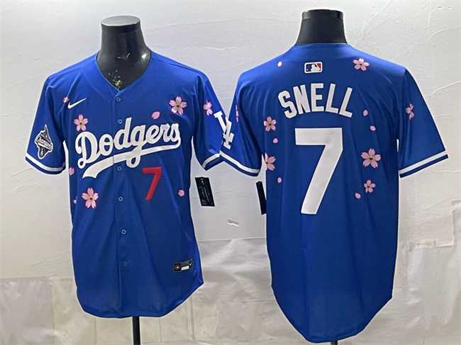 Mens Los Angeles Dodgers #7 Blake Snell Royal 2025 World Series Champions Patch Tokyo Series Limited Stitched Jersey Dzhi