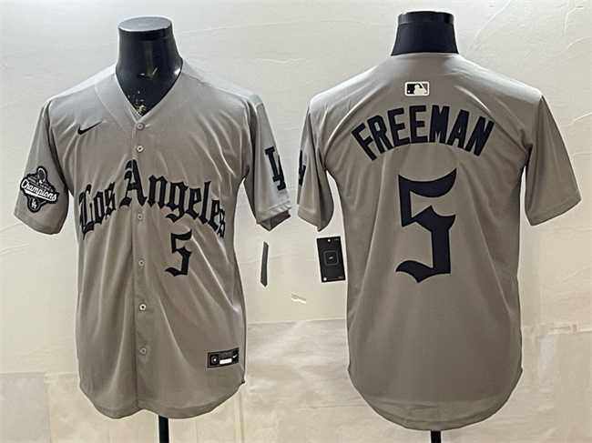 Mens Los Angeles Dodgers #5 Freddie Freeman Grey LA Gothic Style With 2025 World Series Champions Patch Limited Stitched Jersey Dzhi