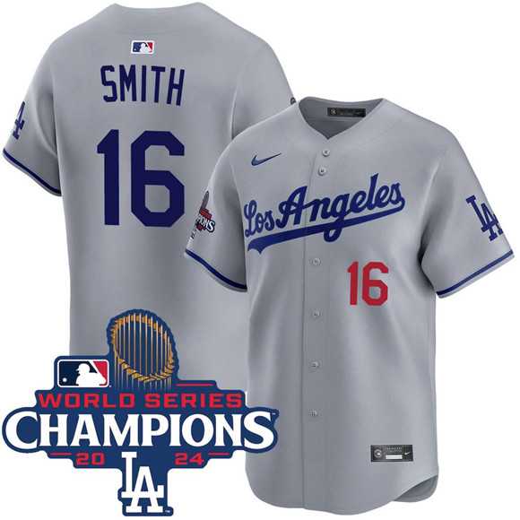 Mens Los Angeles Dodgers #16 Will Smith Gray 2024 World Series Champions Patch Limited Stitched Jersey Dzhi