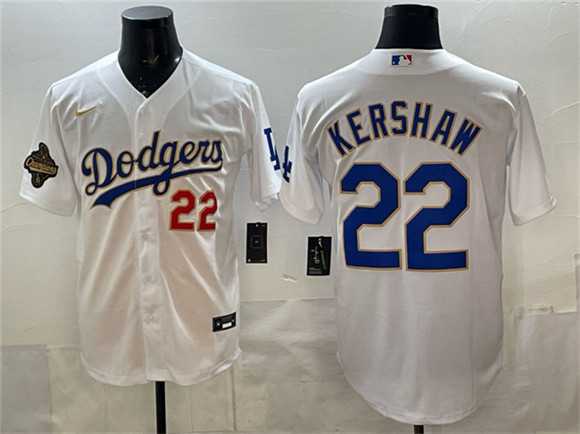 Mens Los Angeles Dodgers #22 Clayton Kershaw White 2025 World Series Champions Patch Stitched Jersey Dzhi