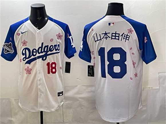 Mens Los Angeles Dodgers #18 Yamamoto White Royal 2025 World Series Champions Patch Tokyo Series Limited Stitched Jersey Dzhi