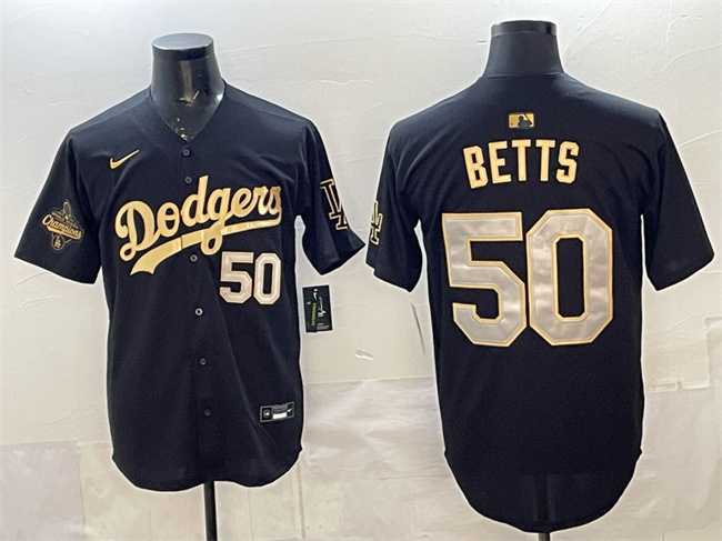 Mens Los Angeles Dodgers #50 Mookie Betts Black Gold 2025 World Series Champions Patch Limited Stitched Jersey Dzhi