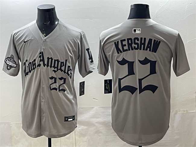 Mens Los Angeles Dodgers #22 Clayton Kershaw Grey LA Gothic Style With 2025 World Series Champions Patch Limited Stitched Jersey Dzhi